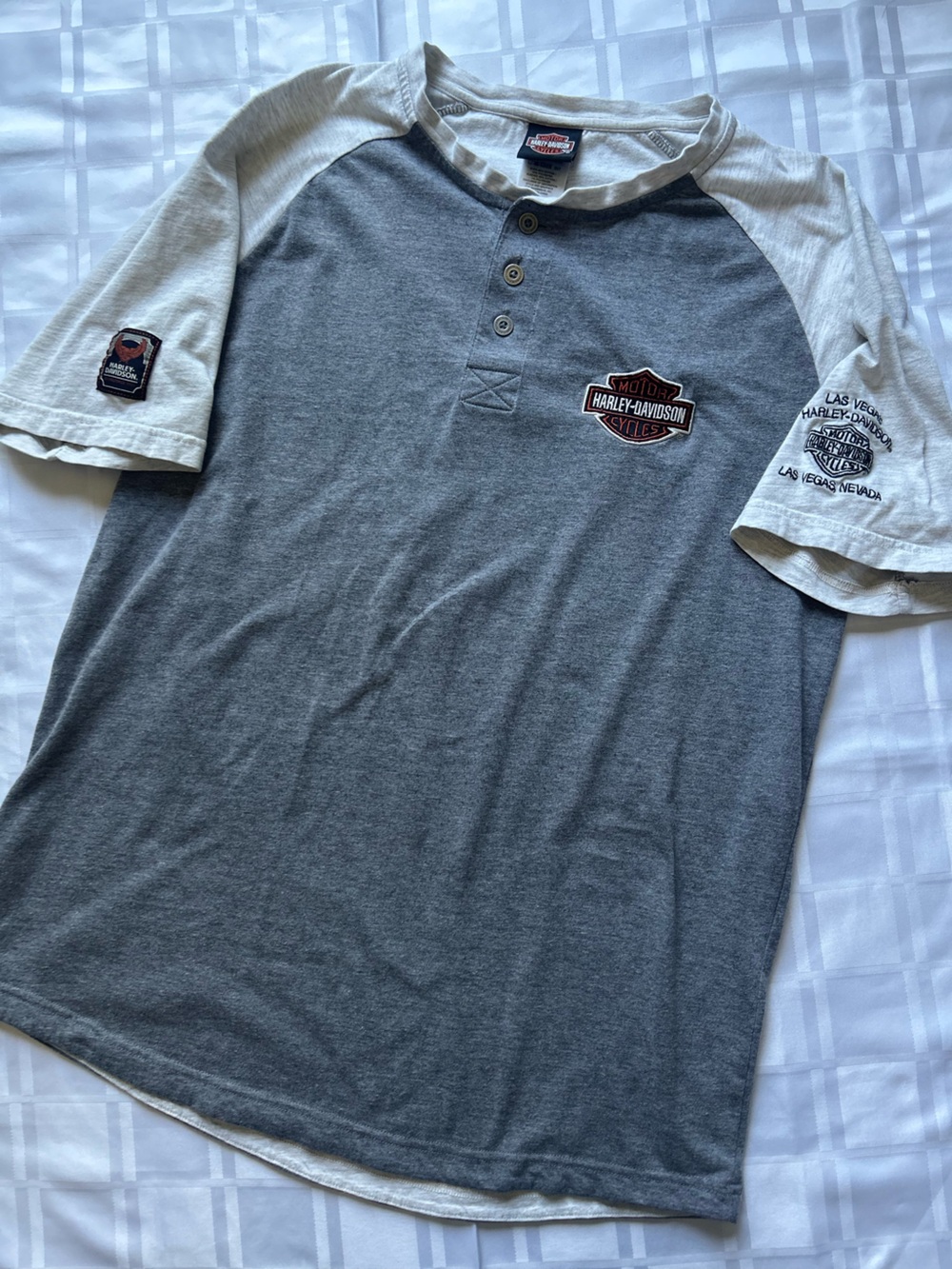 Harley-Davidson Two-Tone Gray Raglan Short Sleeve Henley Shirt